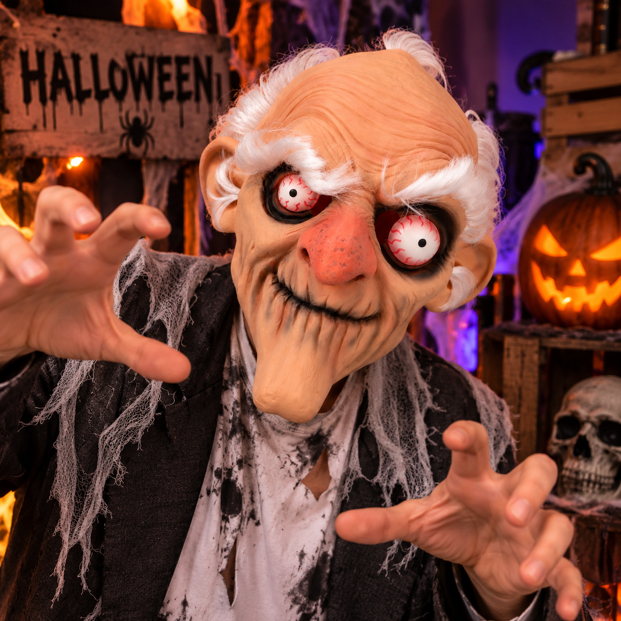 Masque Grumpy grand-père en latex, drôle et effrayant avec rides, cheveux blancs et yeux injectés de sang. Idéal pour Halloween et soirées déguisées.