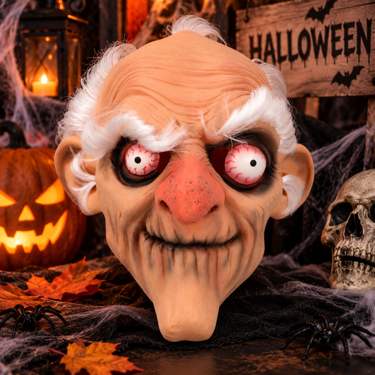 Masque Grumpy grand-père en latex, drôle et effrayant avec rides, cheveux blancs et yeux injectés de sang. Idéal pour Halloween et soirées déguisées.