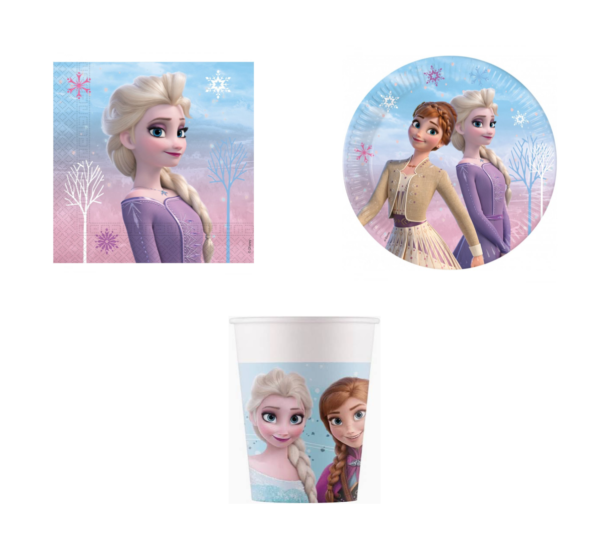 Offrez une fête féerique avec le Pack Vaisselle Jetable La Reine des Neiges Disney ! Contient 8 assiettes, 8 gobelets et 20 serviettes avec Elsa et Anna.