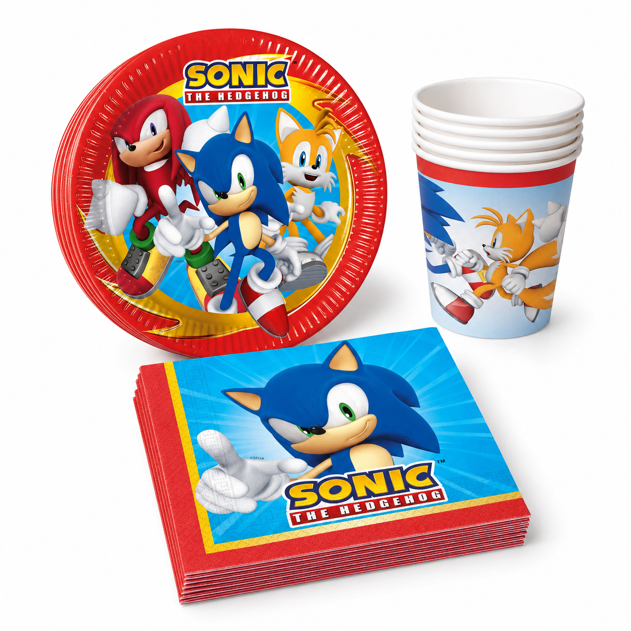 Pack Anniversaire Sonic pour 8 personnes avec 8 assiettes, 8 gobelets et 20 serviettes. Idéal pour une fête enfant colorée et festive.