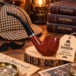 Pipe marron en plastique avec embout noir, accessoire de déguisement idéal pour Halloween, carnaval, détective, gentleman et soirées à thème.