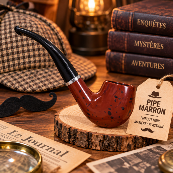 Pipe marron en plastique avec embout noir, accessoire de déguisement idéal pour Halloween, carnaval, détective, gentleman et soirées à thème.