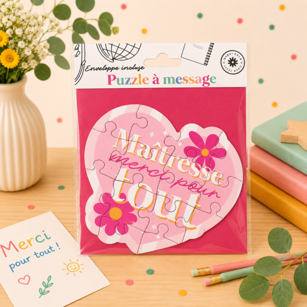 Offrez une surprise ludique avec le Puzzle à message "Merci Maîtresse" ! Un joli cœur à assembler pour découvrir un mot doux. Enveloppe incluse, idéal fin d'année.