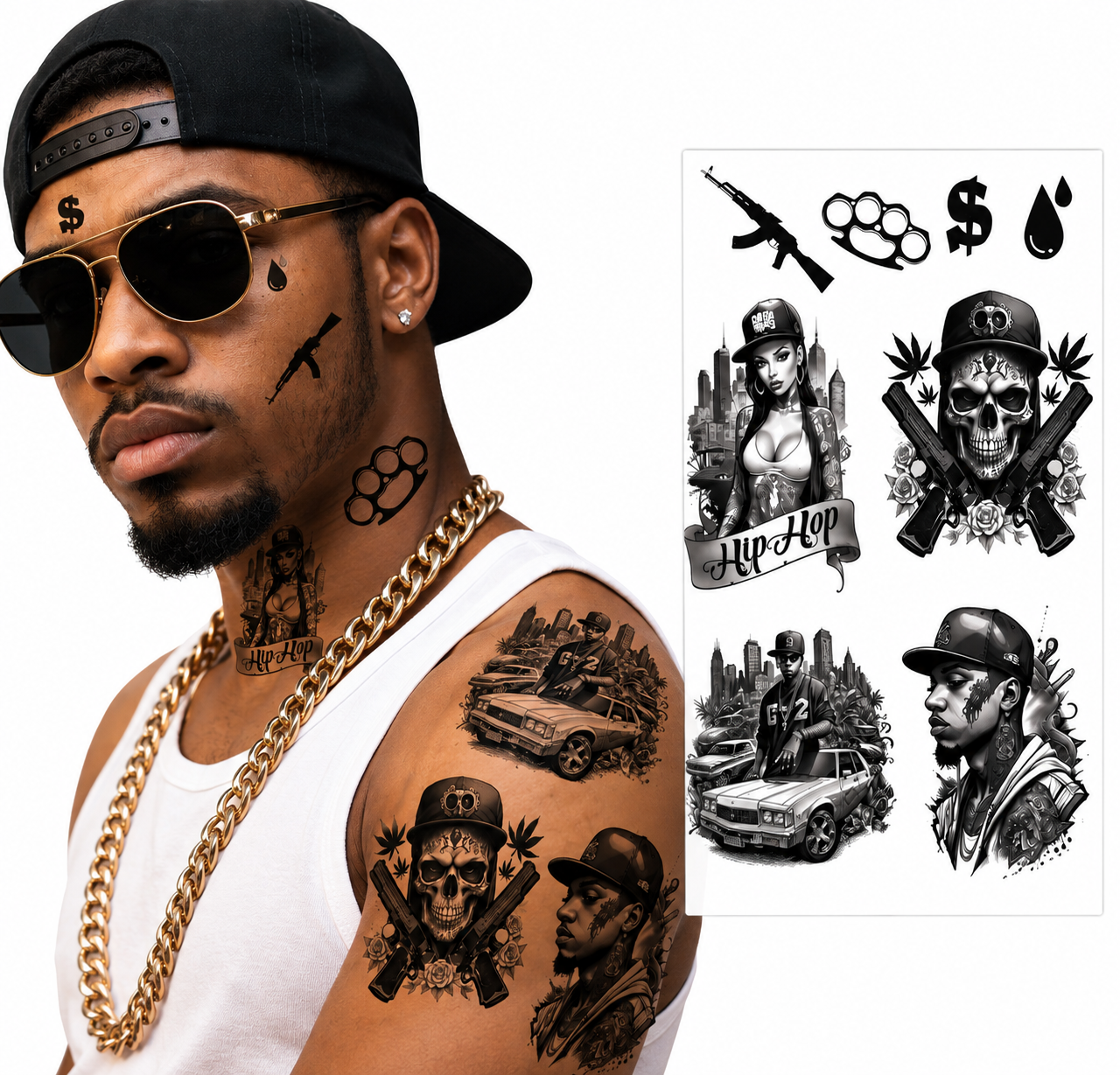 Tatouages temporaires Thug Life style hip-hop, parfaits pour compléter un déguisement de rappeur, une soirée à thème, un carnaval ou un festival.
