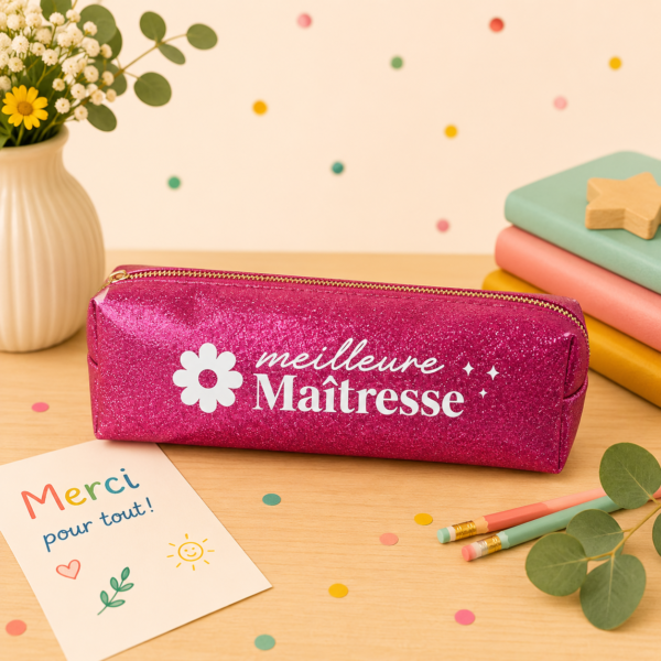 Dites merci avec style ! Découvrez notre Trousse maîtresse rose fuchsia à paillettes. Le cadeau de fin d'année idéal, brillant et pratique pour la meilleure des maîtresses.