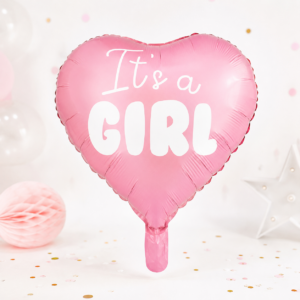 Célébrez une naissance ou une Baby Shower avec le ballon cœur "It's a Girl" rose et blanc. Idéal pour Gender Reveal et déco de fête. Gonflage air ou hélium.