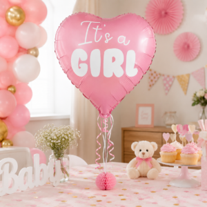Célébrez une naissance ou une Baby Shower avec le ballon cœur "It's a Girl" rose et blanc. Idéal pour Gender Reveal et déco de fête. Gonflage air ou hélium.