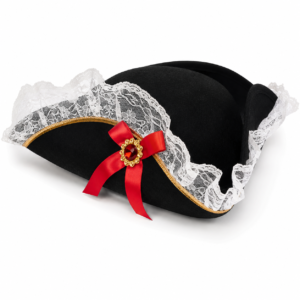 Complétez votre déguisement avec ce chapeau pirate femme noir orné de dentelle blanche, d'un nœud rouge et de détails dorés. Idéal pour Carnaval, Halloween et les soirées pirates.