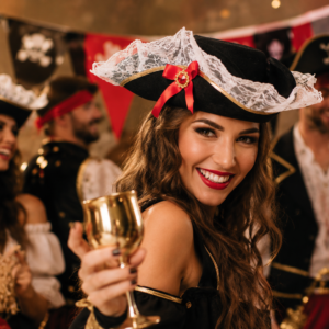 Complétez votre déguisement avec ce chapeau pirate femme noir orné de dentelle blanche, d'un nœud rouge et de détails dorés. Idéal pour Carnaval, Halloween et les soirées pirates.
