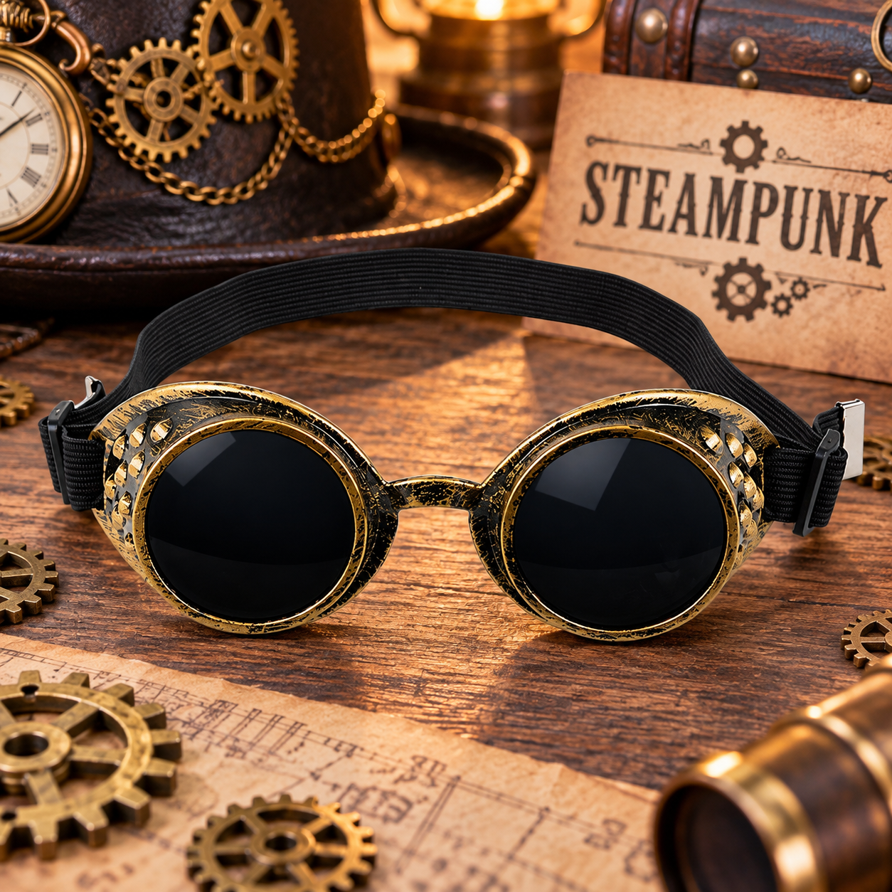 Lunettes Steampunk rondes avec verres foncés et monture doré vieilli. Accessoire idéal pour Halloween, cosplay, soirées déguisées et univers rétro-futuriste.