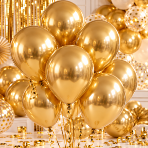 Sachet de 10 ballons chromés or 30 cm, effet miroir, adaptés à l’air ou à l’hélium, parfaits pour anniversaire, mariage et décoration festive.