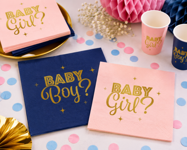 20 serviettes Gender Reveal Baby Boy Baby Girl, roses et bleues avec détails dorés. Parfaites pour décorer une Baby Shower ou Gender Reveal Party.