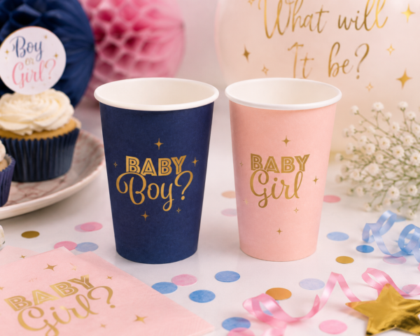 Lot de 8 gobelets Gender Reveal « Baby Boy ? Baby Girl ? » bleu nuit et rose poudré avec inscriptions dorées. Parfaits pour compléter votre décoration de Gender Reveal Party.