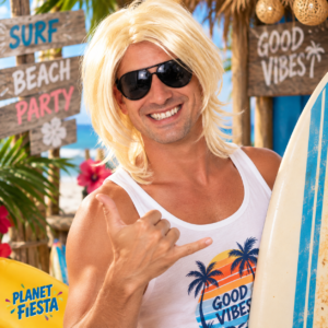 Perruque de surfeur blonde mi-longue, idéale pour soirée tropicale, carnaval, déguisement rétro, photobooth et look plage humoristique.