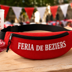 Découvrez la banane rouge Feria de Béziers avec inscription blanche. Pratique et festive, elle complète parfaitement votre tenue rouge et blanche pour la Feria.