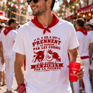 Découvrez le t-shirt Feria « Le pichet par la poignée », blanc et rouge, idéal pour compléter votre tenue pour la Feria de Béziers et faire la fête entre amis.