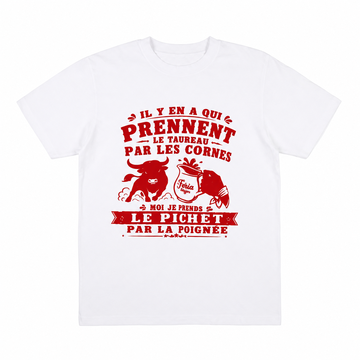 Découvrez le t-shirt Feria « Le pichet par la poignée », blanc et rouge, idéal pour compléter votre tenue pour la Feria de Béziers et faire la fête entre amis.