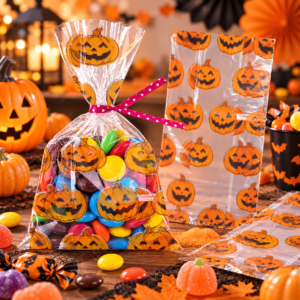 Lot de 20 sachets à bonbons Halloween motif citrouilles, format 28 x 13 cm. Idéal pour friandises, candy bar, goûter et chasse aux bonbons.