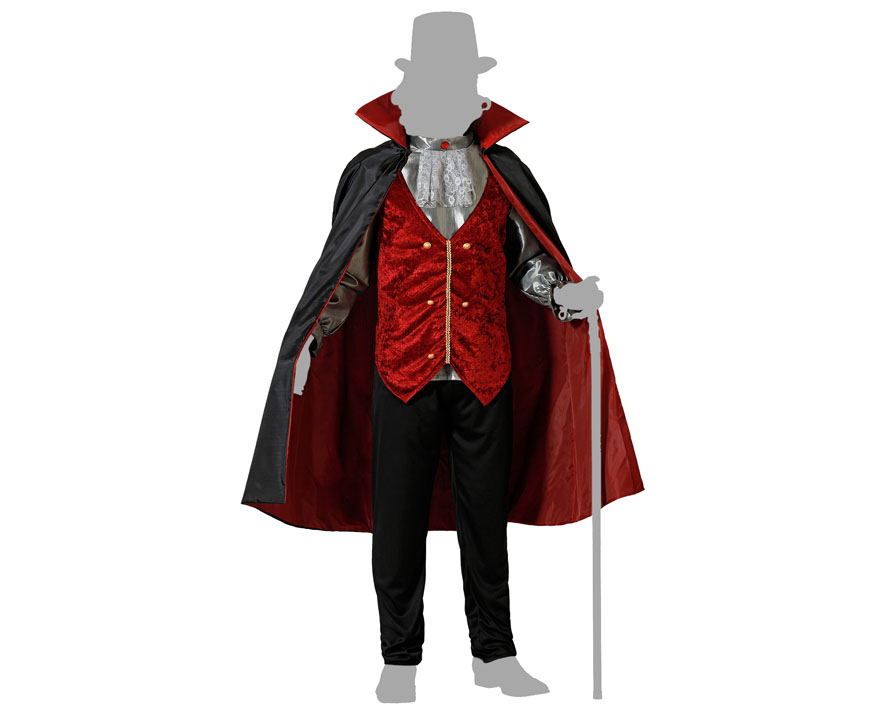 Déguisement vampire adulte rouge et noir avec cape et gilet effet velours. Idéal pour Halloween, soirées déguisées, carnaval et fêtes à thème horreur.