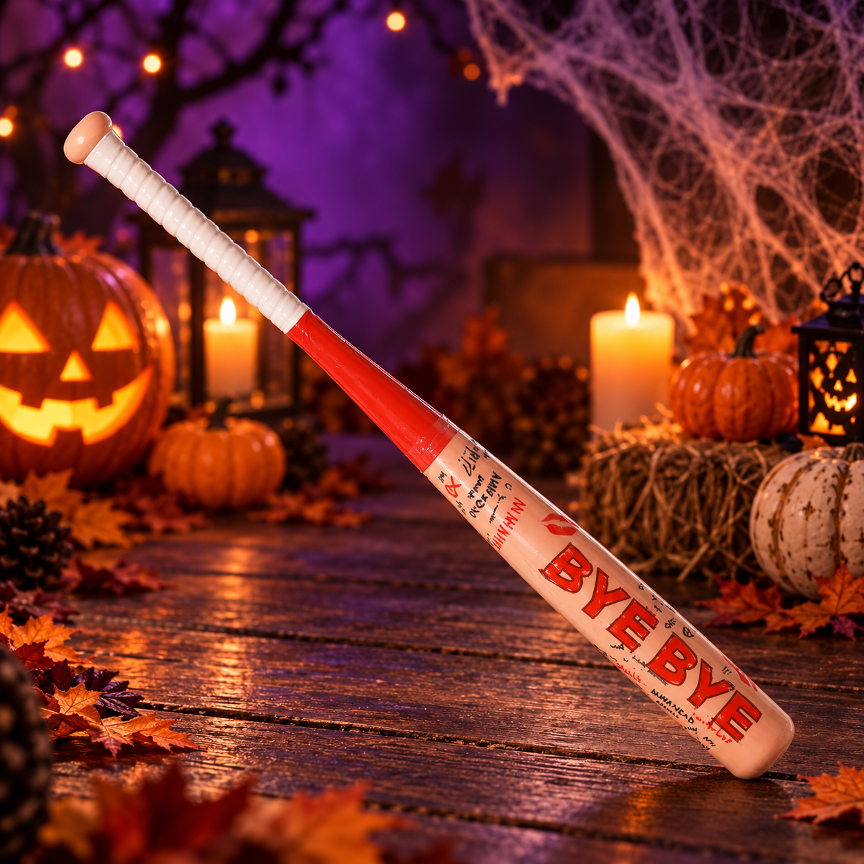 Batte Bye Bye pour déguisement Halloween, accessoire fun et horrifique idéal pour clown maléfique, zombie, photobooth et soirées déguisées.