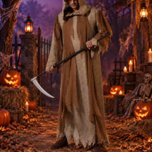 Déguisement faucheur sinistre adulte avec longue tenue marron et capuche. Idéal pour Halloween, soirées horreur, maisons hantées et fêtes déguisées.