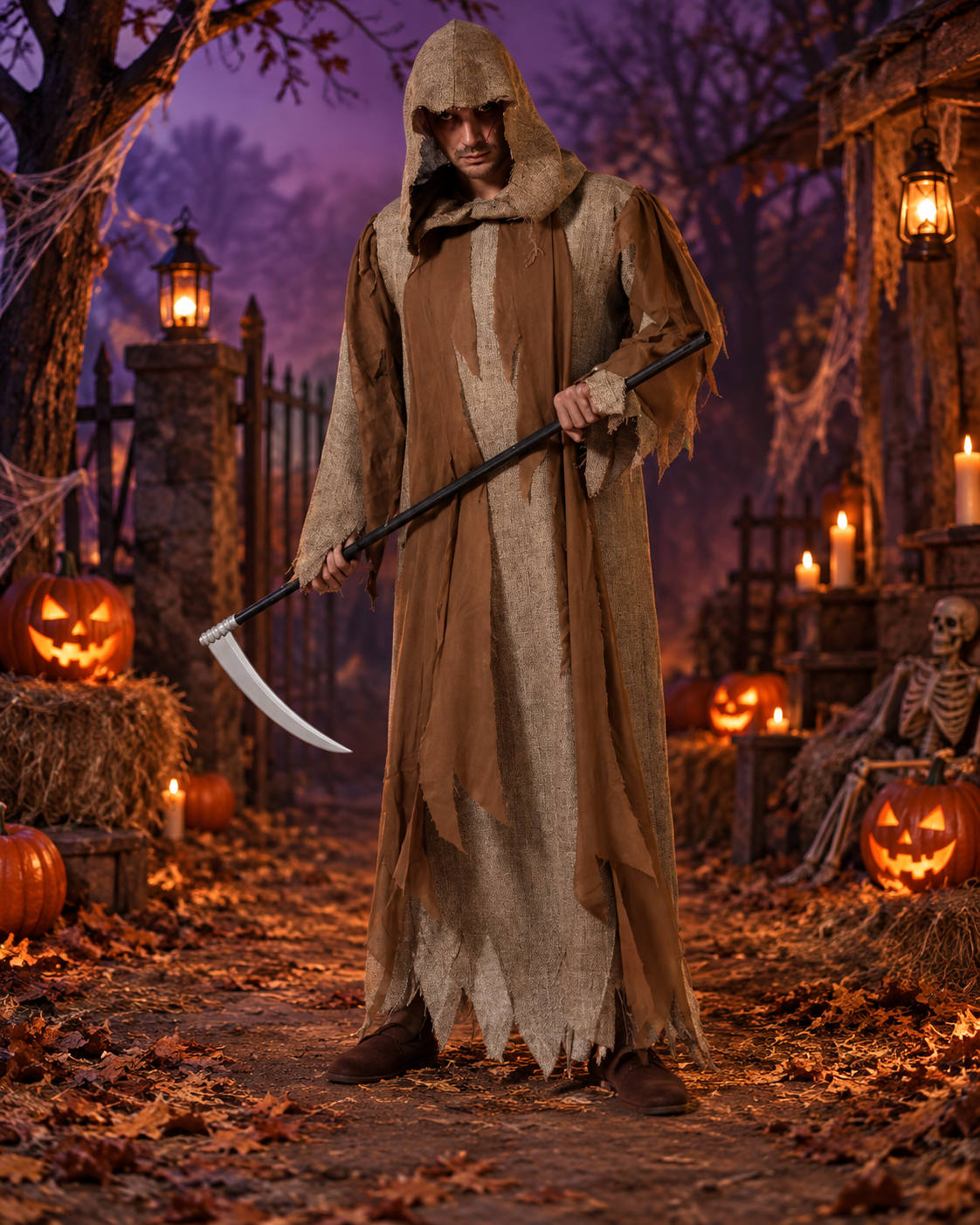Déguisement faucheur sinistre adulte avec longue tenue marron et capuche. Idéal pour Halloween, soirées horreur, maisons hantées et fêtes déguisées.