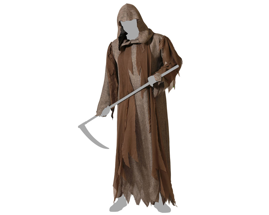 Déguisement faucheur sinistre adulte avec longue tenue marron et capuche. Idéal pour Halloween, soirées horreur, maisons hantées et fêtes déguisées.