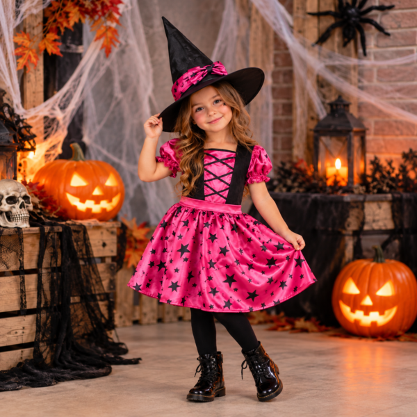 Déguisement de Sorcière rose et noir avec robe étoilée et chapeau pointu, parfait pour Halloween, carnaval et fête costumée.