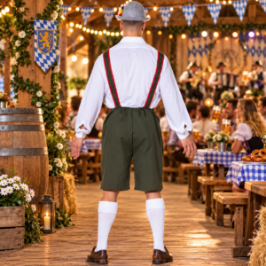 Pantalon tyrolien vert avec bretelles rouges, idéal pour Oktoberfest, fête de la bière, carnaval et soirée bavaroise.