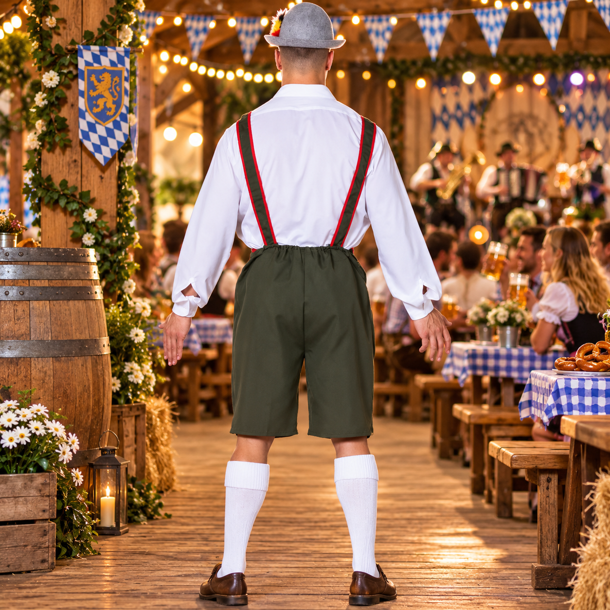 Pantalon tyrolien vert avec bretelles rouges, idéal pour Oktoberfest, fête de la bière, carnaval et soirée bavaroise.