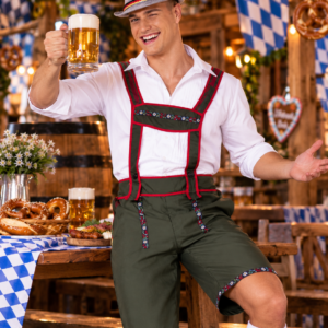 Pantalon tyrolien vert avec bretelles rouges, idéal pour Oktoberfest, fête de la bière, carnaval et soirée bavaroise.