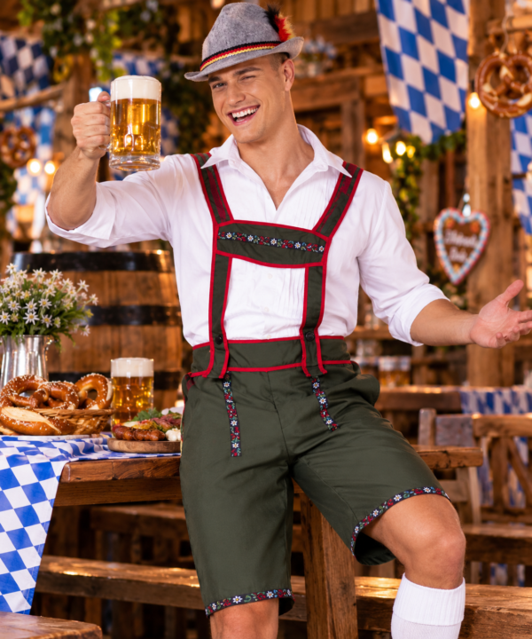 Pantalon tyrolien vert avec bretelles rouges, idéal pour Oktoberfest, fête de la bière, carnaval et soirée bavaroise.