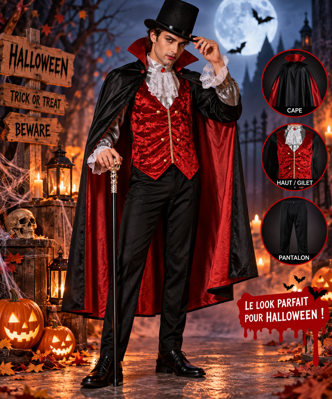 Déguisement vampire adulte rouge et noir avec cape et gilet effet velours. Idéal pour Halloween, soirées déguisées, carnaval et fêtes à thème horreur.