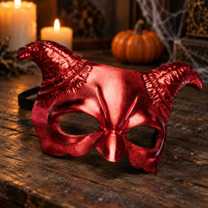 Demi-masque de démon Halloween rouge métallisé avec cornes sculptées, présenté sur une table en bois dans un décor de bougies et de citrouille.