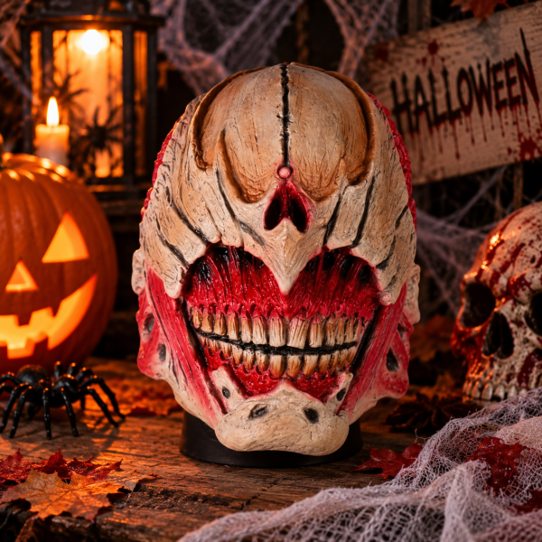 Masque latex Zombie Alien au visage déformé, détails chair apparente et grande dentition, idéal pour Halloween, soirée horreur et déguisement adulte.