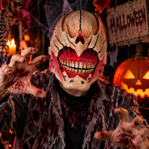 Masque latex Zombie Alien au visage déformé, détails chair apparente et grande dentition, idéal pour Halloween, soirée horreur et déguisement adulte.