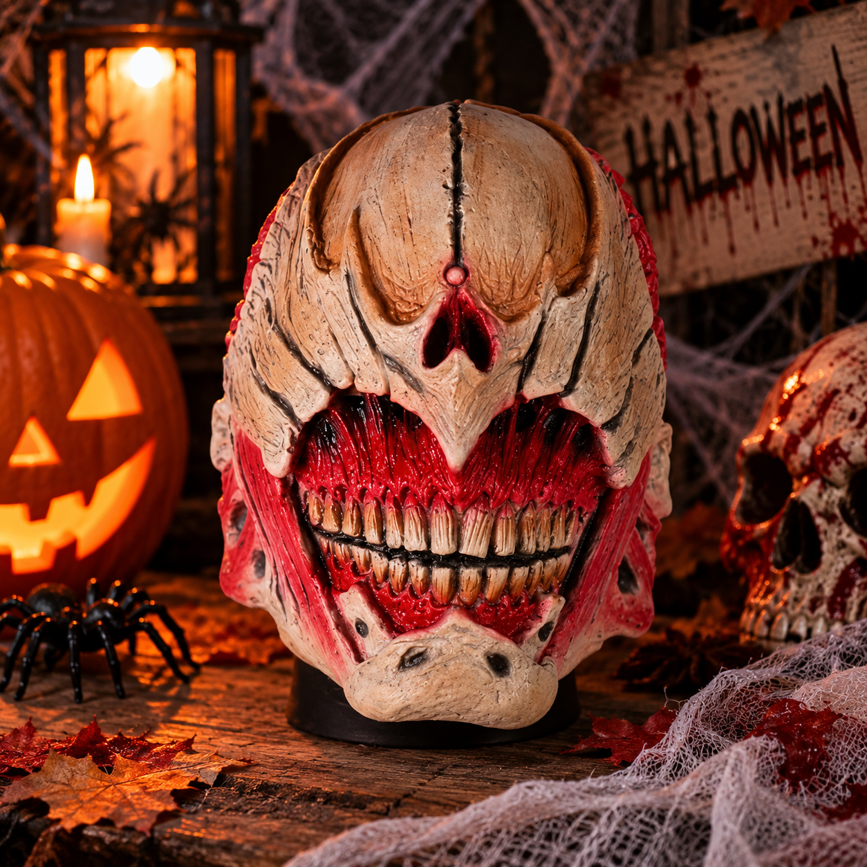 Masque latex Zombie Alien au visage déformé, détails chair apparente et grande dentition, idéal pour Halloween, soirée horreur et déguisement adulte.