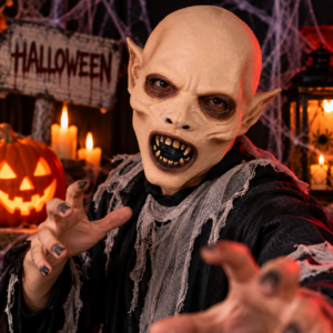 Masque latex Orlok au visage terrifiant, oreilles pointues et dents irrégulières, idéal pour Halloween, vampire, maison hantée et soirée horreur.