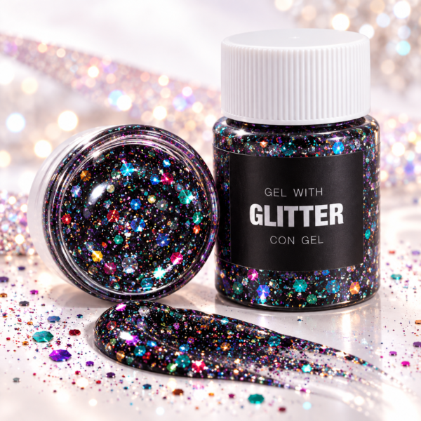 Paillettes en gel noires aux reflets multicolores, idéales pour Halloween, festival, carnaval et maquillage festif ou glamour.
