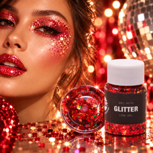 Paillettes en gel rouges scintillantes pour maquillage festif. Idéales pour soirée, festival, carnaval, Saint-Valentin et fêtes de fin d’année.