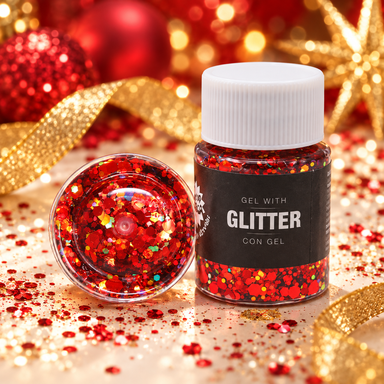 Paillettes en gel rouges scintillantes pour maquillage festif. Idéales pour soirée, festival, carnaval, Saint-Valentin et fêtes de fin d’année.