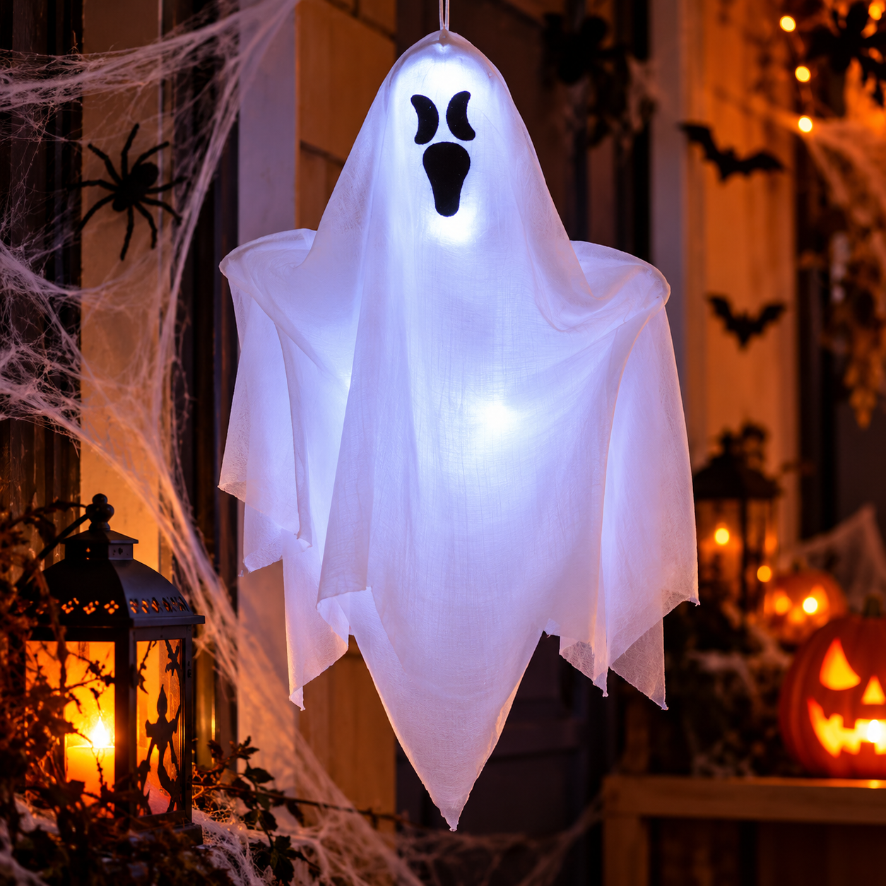 Pendentif Fantôme lumineux 45 cm pour Halloween, décoration suspendue blanche et noire idéale pour maison hantée, soirée et vitrine.