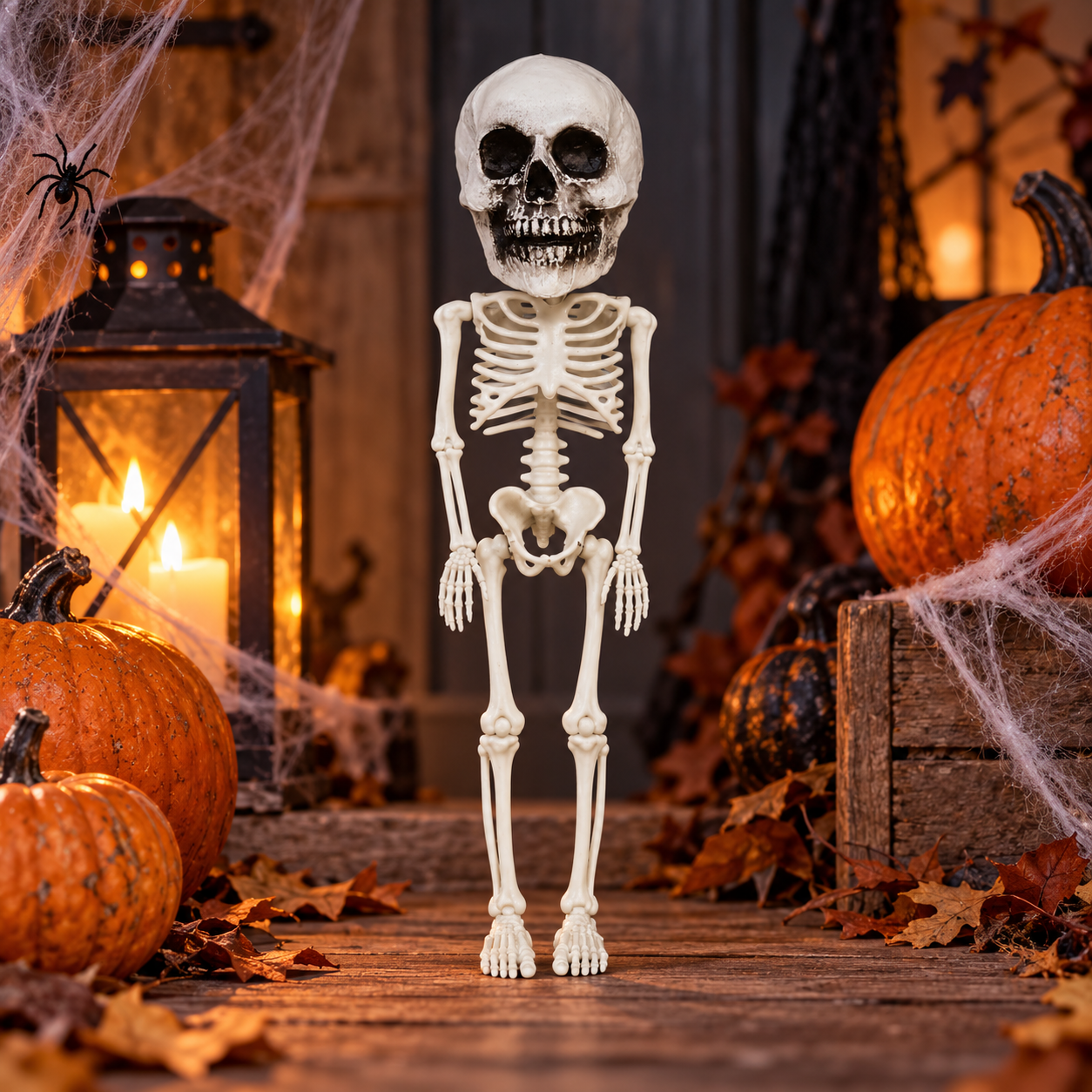 Squelette décoratif Halloween 40 cm avec crâne effet vieilli, parfait pour maison hantée, vitrine, faux cimetière et décoration de fête.