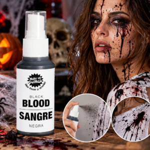 Spray faux sang noir Guirca pour Halloween et déguisement. Idéal pour créer des éclaboussures, coulures et effets horreur sur vos costumes.