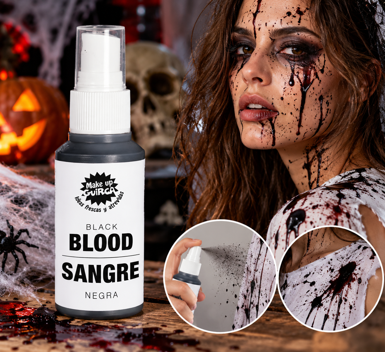 Spray faux sang noir Guirca pour Halloween et déguisement. Idéal pour créer des éclaboussures, coulures et effets horreur sur vos costumes.