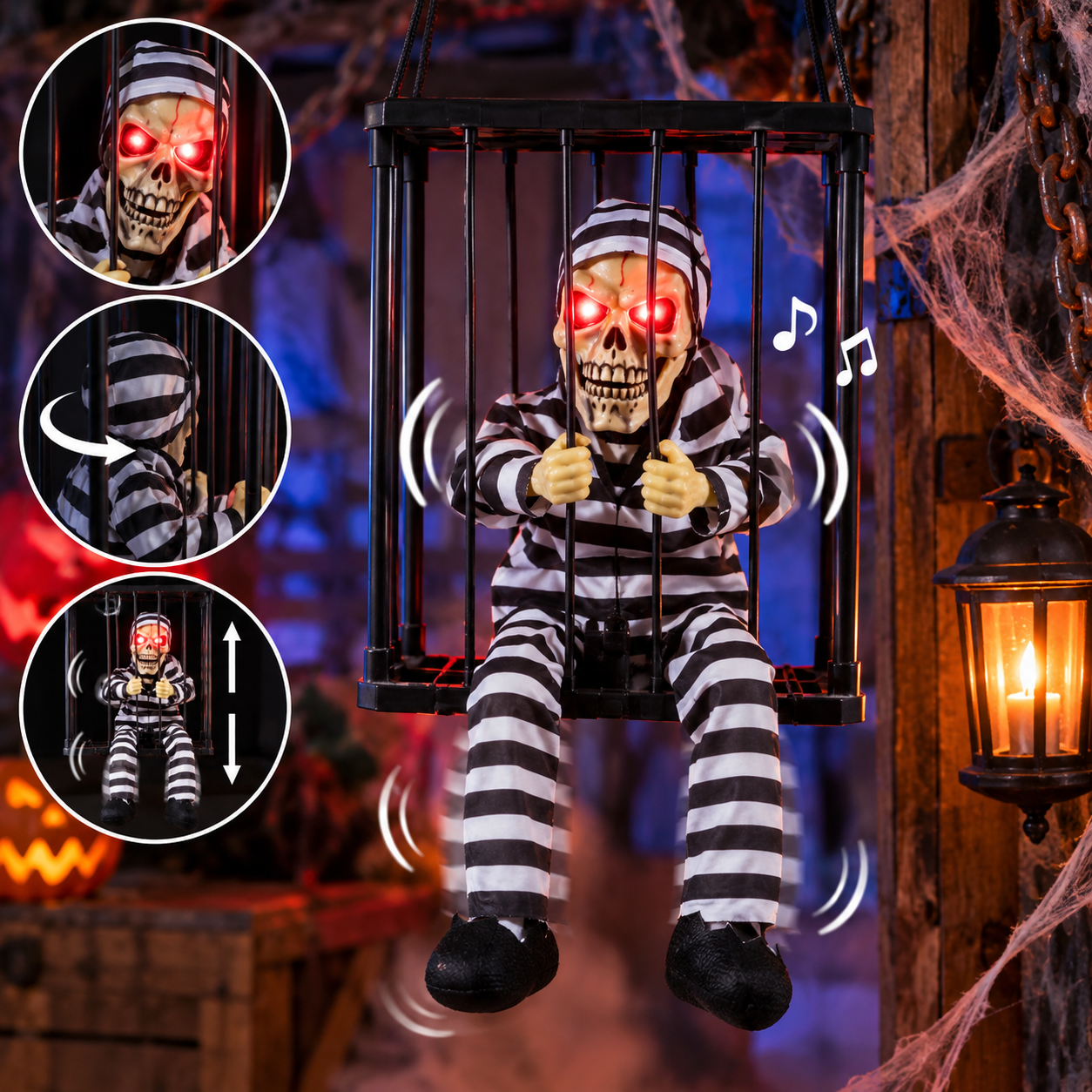 Squelette Prisonnier animé avec son, lumière et mouvement, suspendu dans une cage. Une décoration Halloween terrifiante avec yeux lumineux et effets effrayants, parfaite pour maison hantée, soirée Halloween ou vitrine.