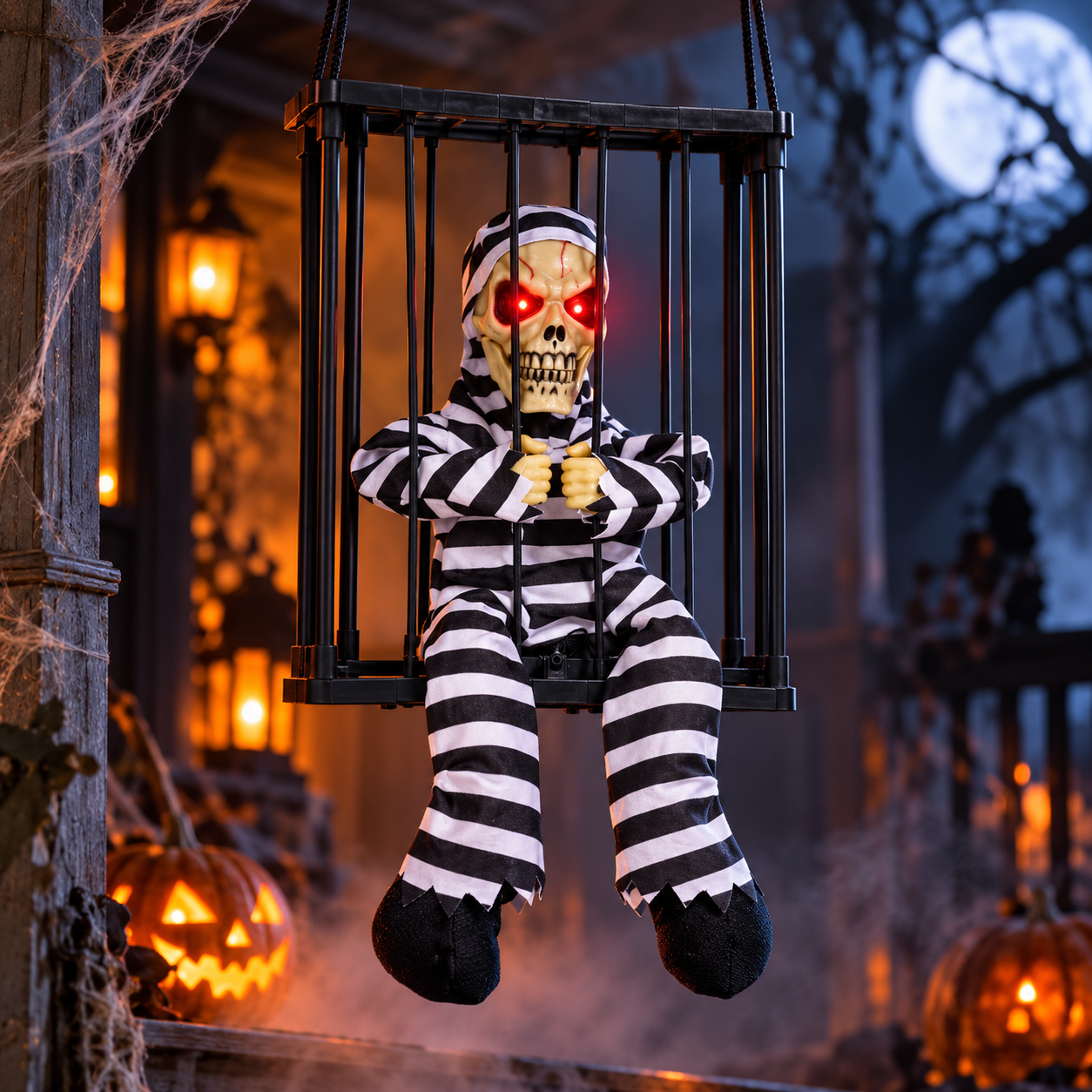 Squelette Prisonnier animé avec son, lumière et mouvement, suspendu dans une cage. Une décoration Halloween terrifiante avec yeux lumineux et effets effrayants, parfaite pour maison hantée, soirée Halloween ou vitrine.