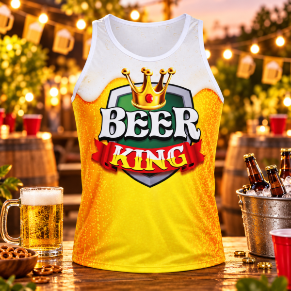 Débardeur Beer King taille L, imprimé bière et couronne. Idéal pour EVG, anniversaire, soirée entre amis et cadeau humoristique.