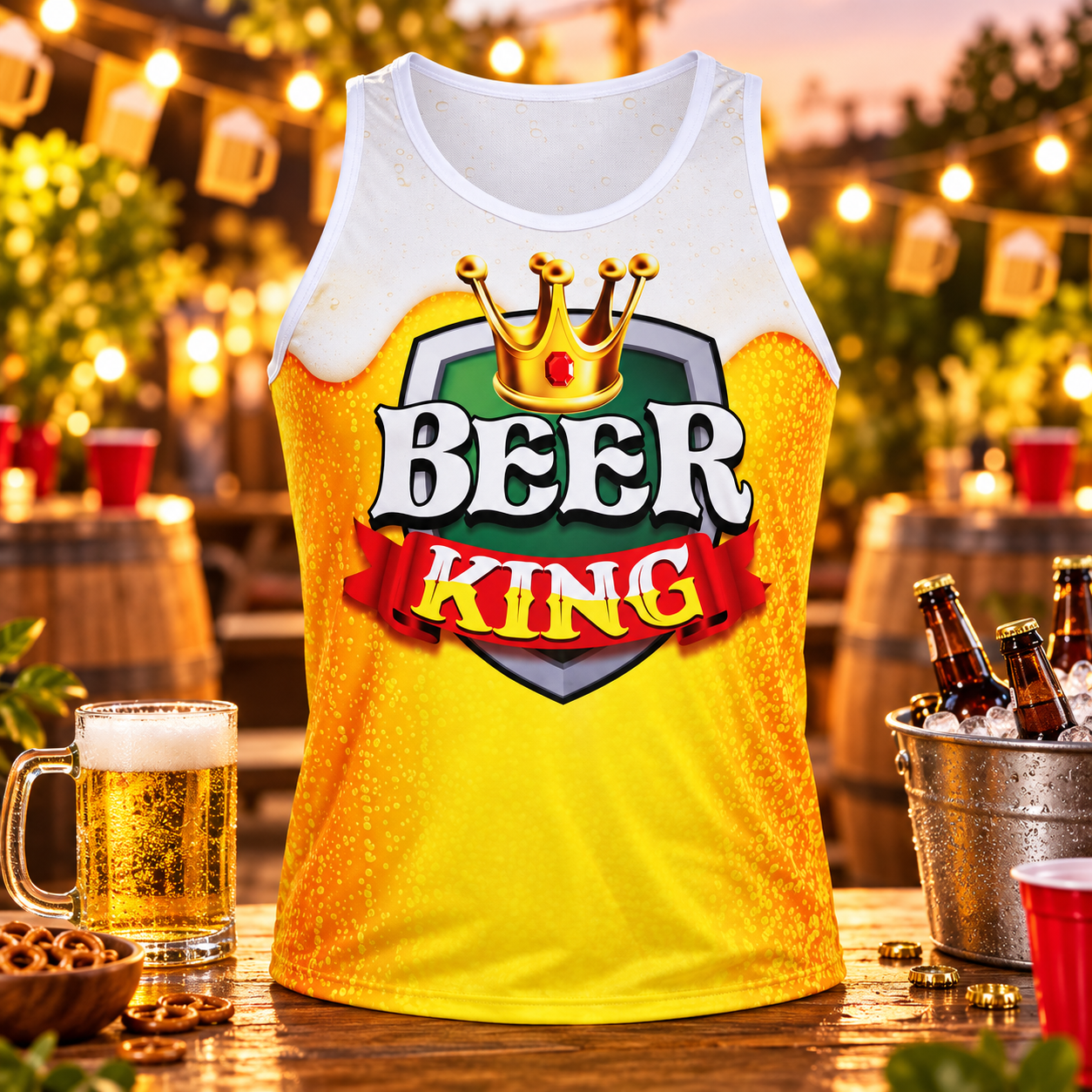 Débardeur Beer King taille L, imprimé bière et couronne. Idéal pour EVG, anniversaire, soirée entre amis et cadeau humoristique.