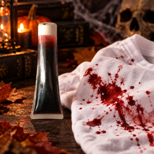 Faux sang pour textile 28 ml, idéal pour costumes Halloween, zombies et soirées horreur. Coloration réservée aux textiles, ne pas appliquer sur la peau.